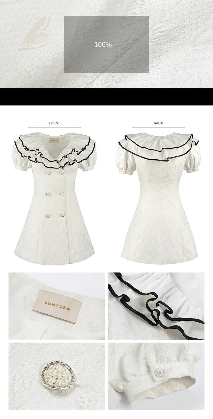 White jacquard double layered collar double breasted high waist dress- Gret