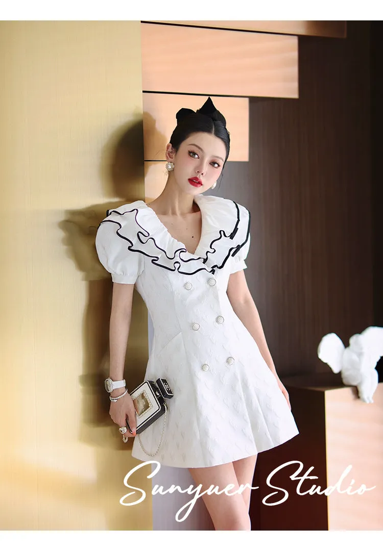 White jacquard double layered collar double breasted high waist dress- Gret