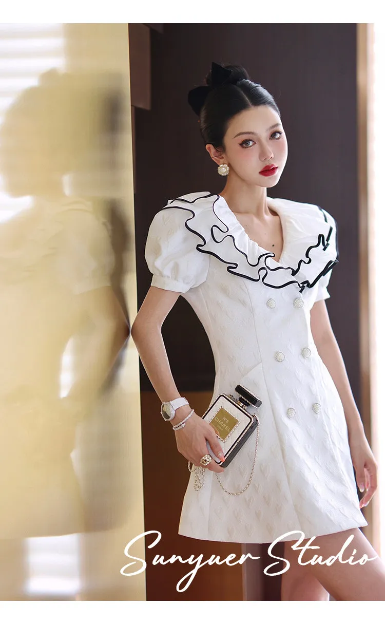 White jacquard double layered collar double breasted high waist dress- Gret