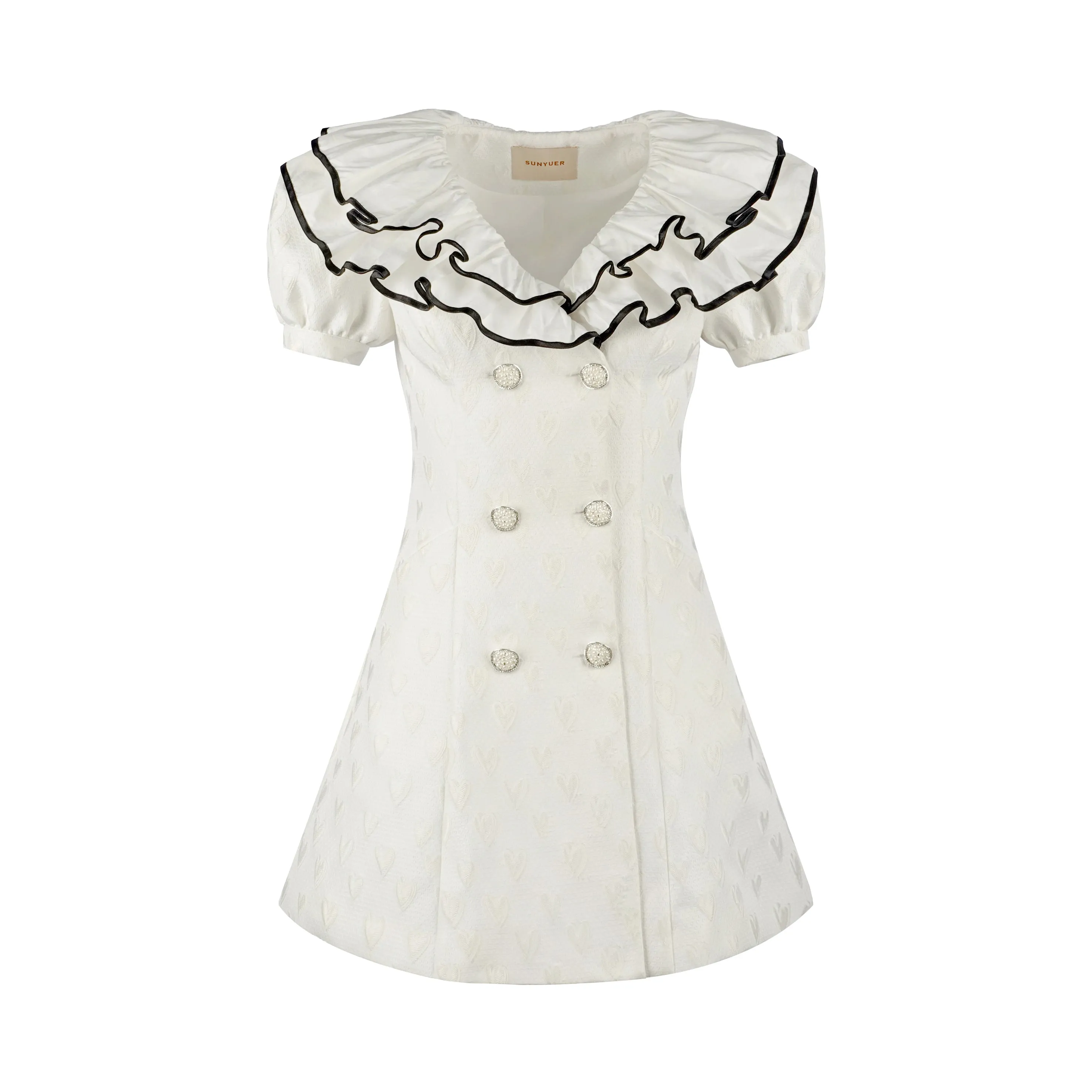 White jacquard double layered collar double breasted high waist dress- Gret