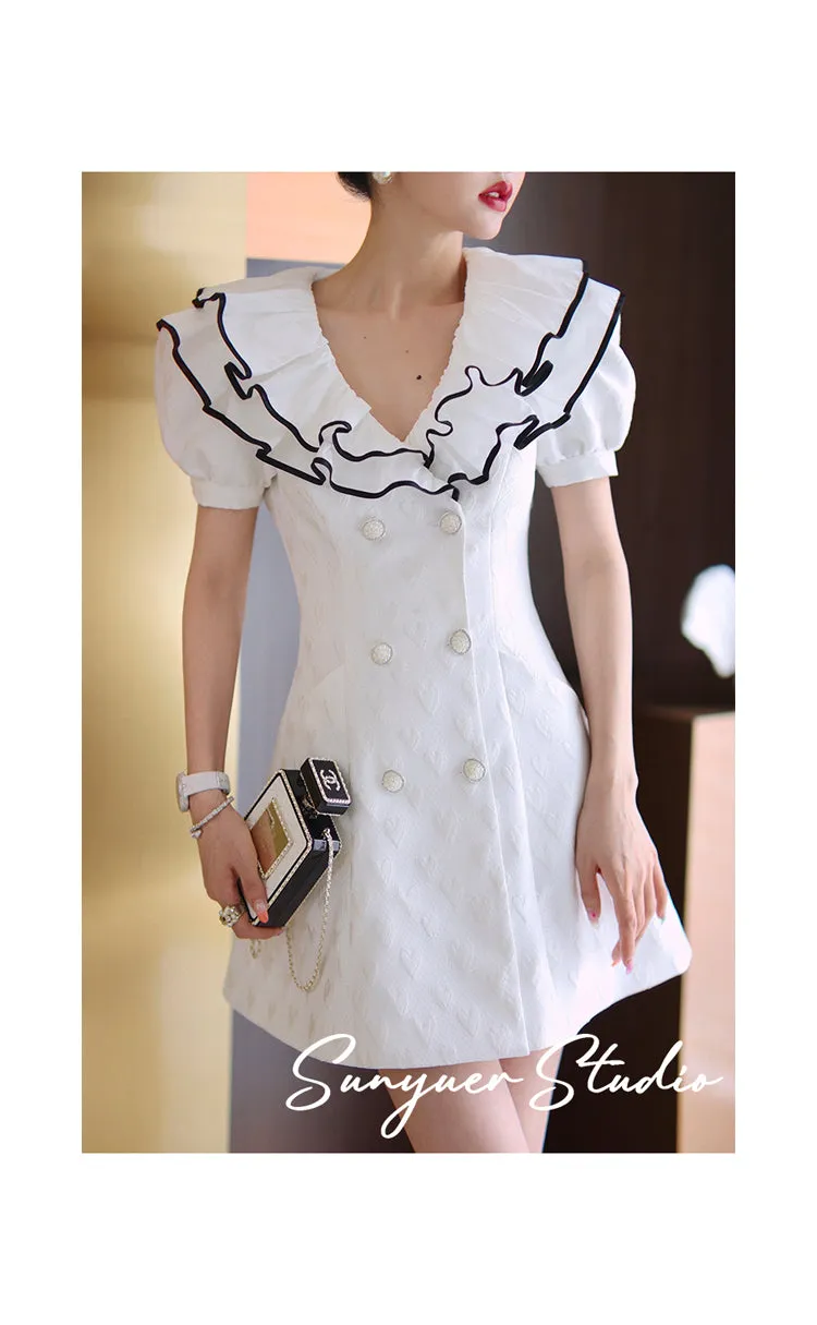 White jacquard double layered collar double breasted high waist dress- Gret