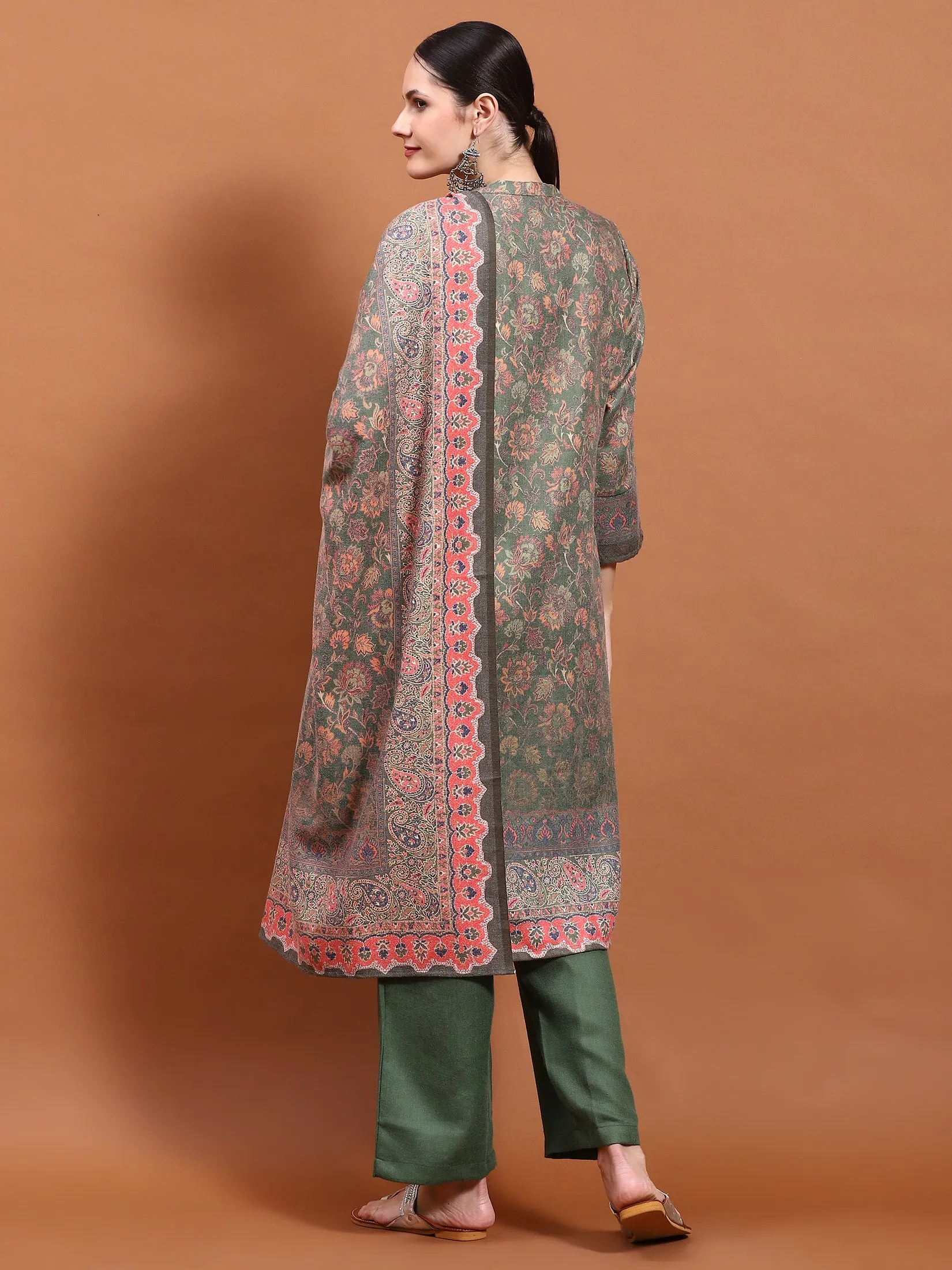 Winter Women Green Floral Print Kurta Comfort Pant Dupatta