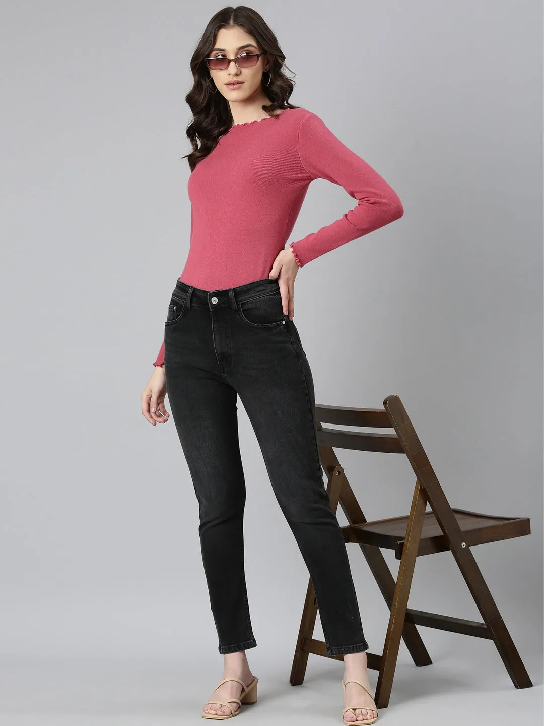 Women Black Solid Regular Fit Denim Jeans