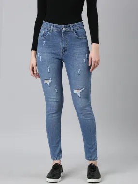 Women Blue Solid Regular Fit Denim Jeans