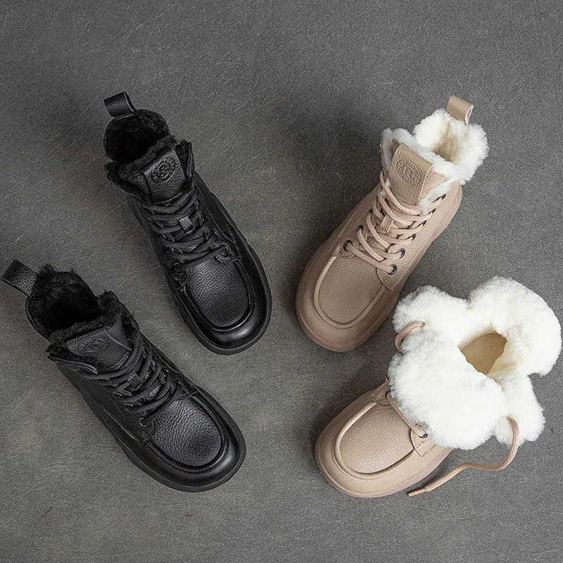 Women Casual Leather Woolen Snow Boots