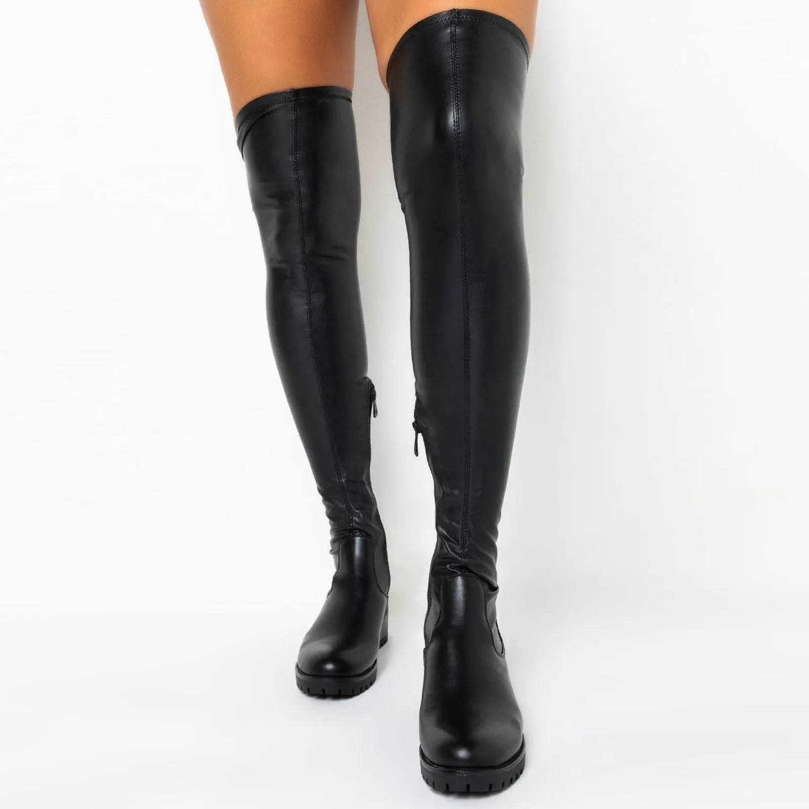 Women chunky heel round toe side zipper vintage PU over the knee boots