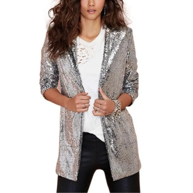 Women prom sequin fashion slim fit long sleeve top coats