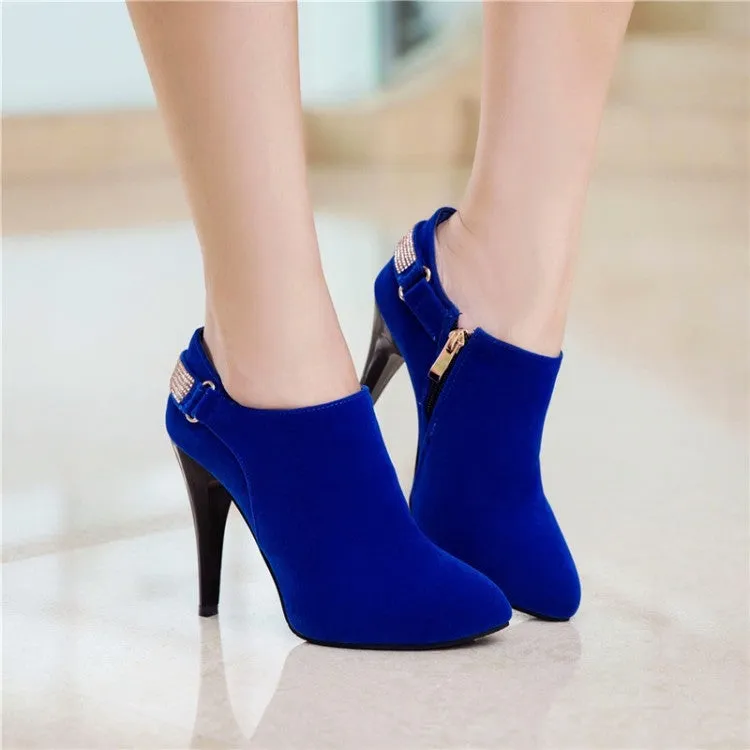 Women rhinestone strap side zipper faux suded pointed toe stiletto ankle boots