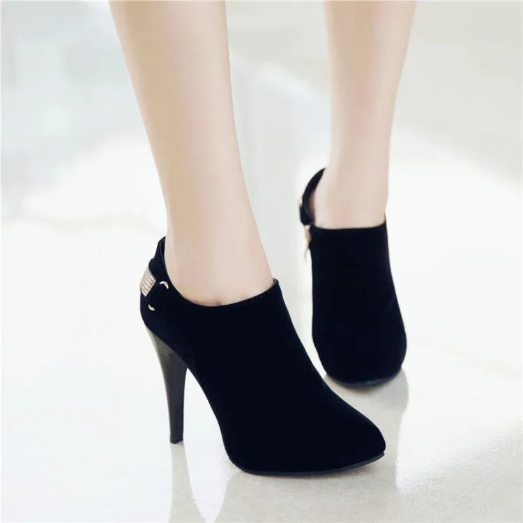 Women rhinestone strap side zipper faux suded pointed toe stiletto ankle boots