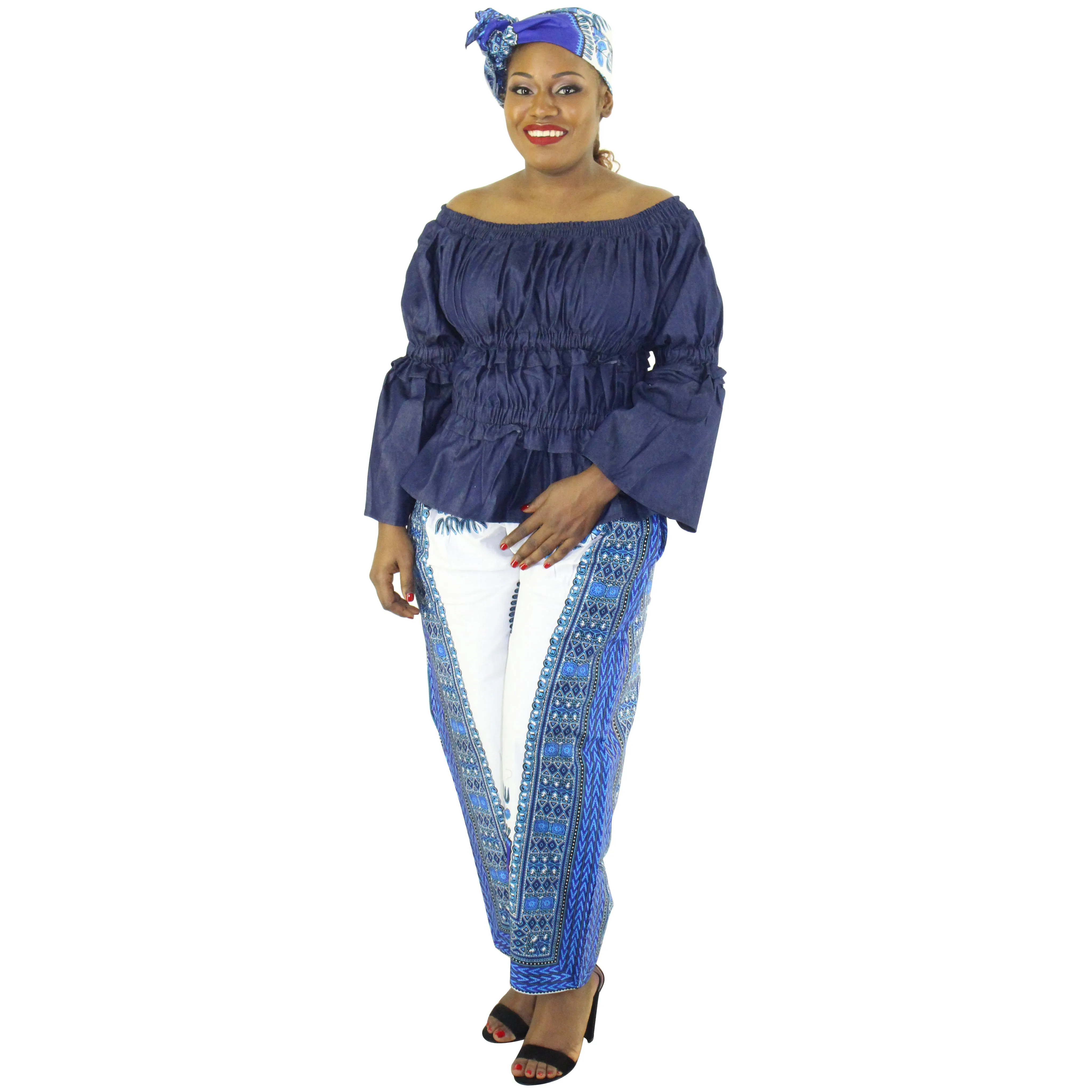 Women's African Denim Off the Shoulder Top - FI-4098