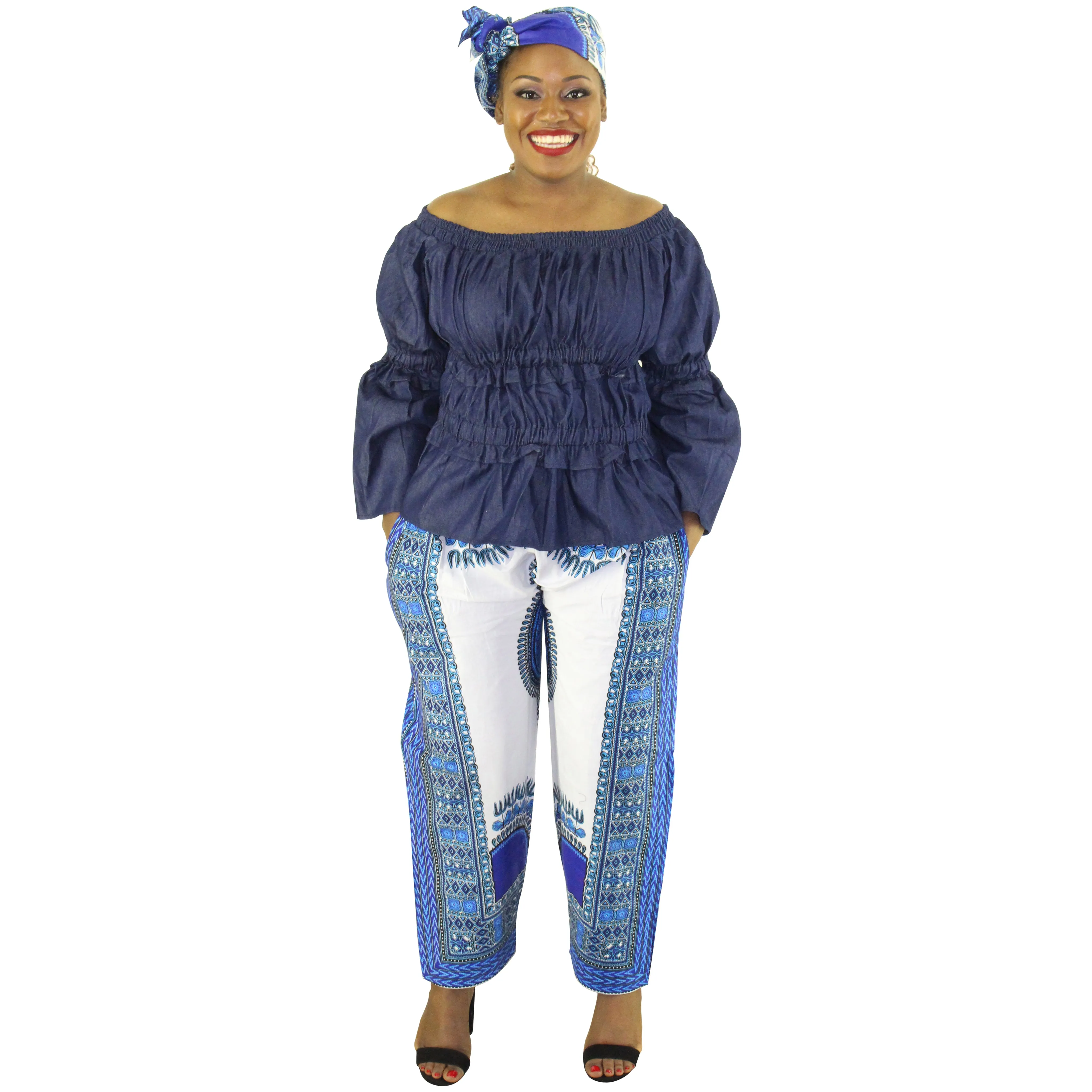 Women's African Denim Off the Shoulder Top - FI-4098