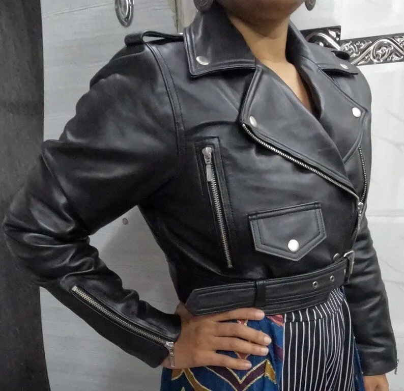 Womens Crop Leather Jacket BLACK  CROPPED Motorcycle Bolero Shrug Leather Jacket by tjs