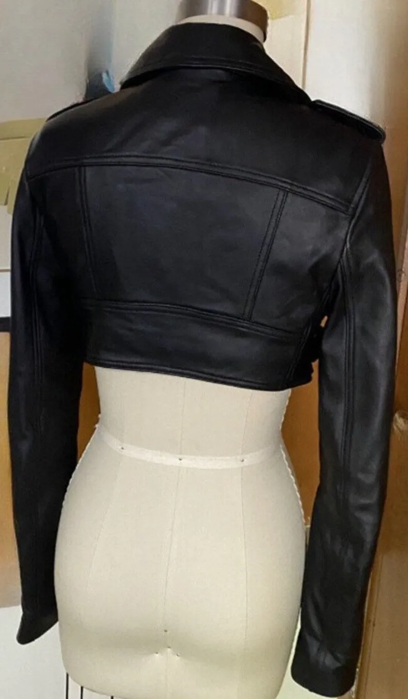 Womens Crop Leather Jacket BLACK  CROPPED Motorcycle Bolero Shrug Leather Jacket by tjs