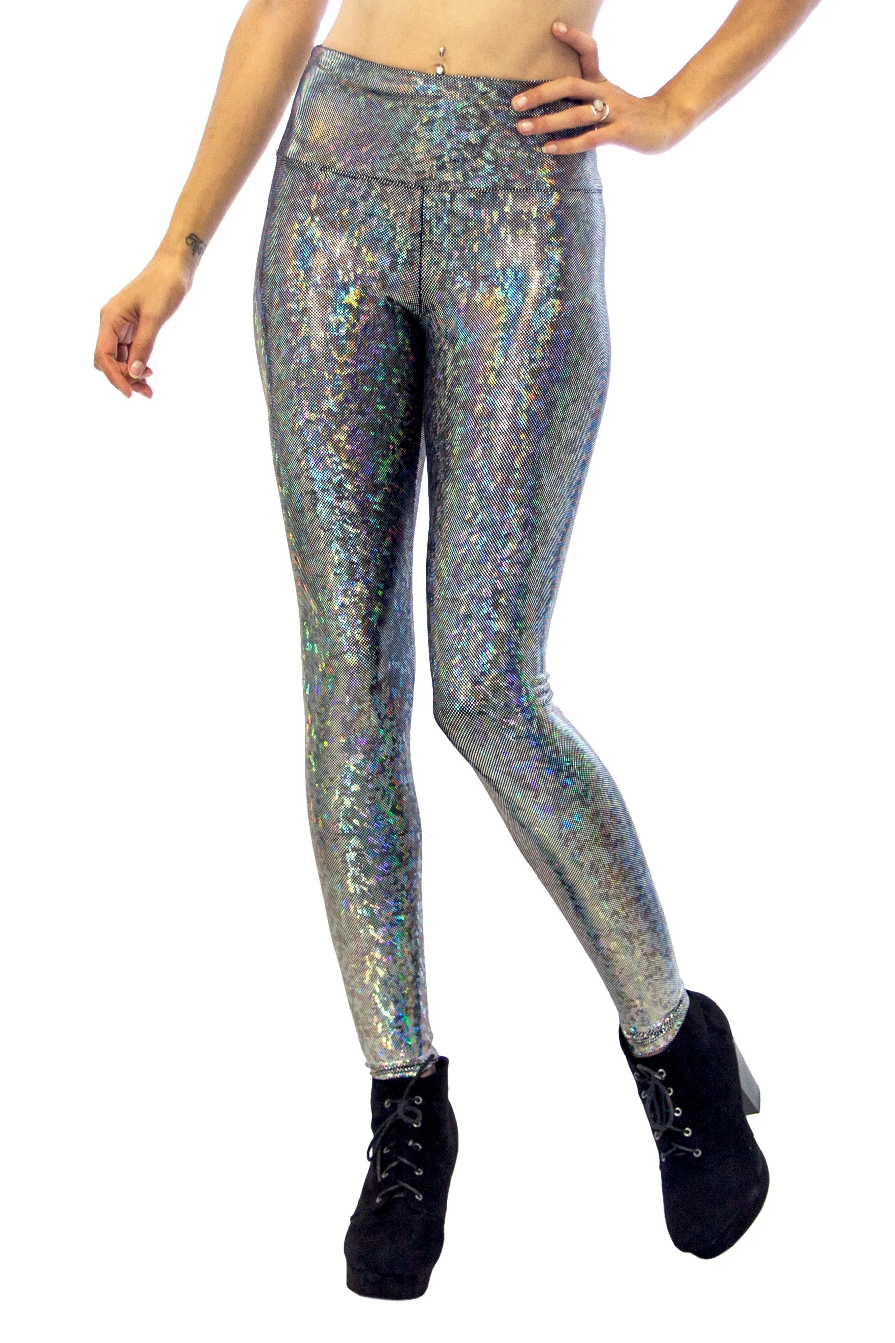 Women's Disco Silver Holographic Leggings - Dimensional Disco - Disco Ball