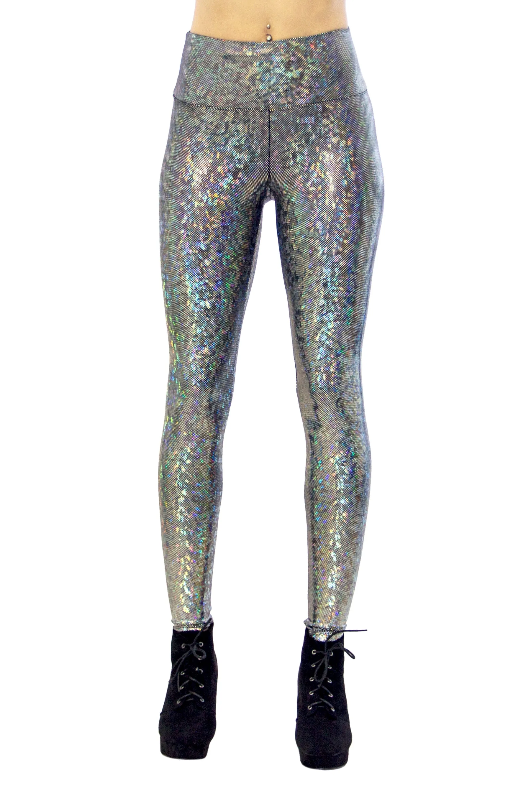 Women's Disco Silver Holographic Leggings - Dimensional Disco - Disco Ball