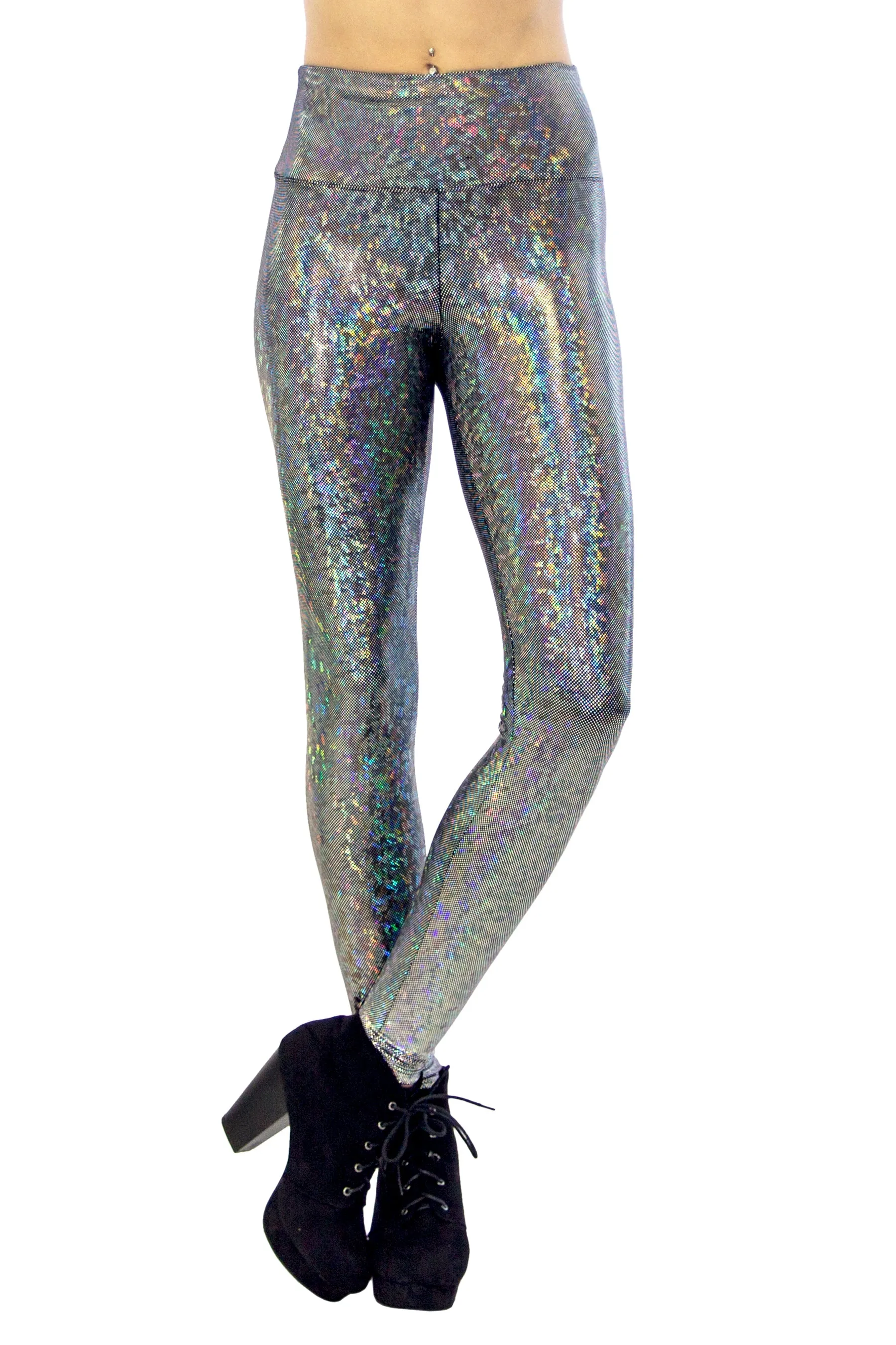 Women's Disco Silver Holographic Leggings - Dimensional Disco - Disco Ball