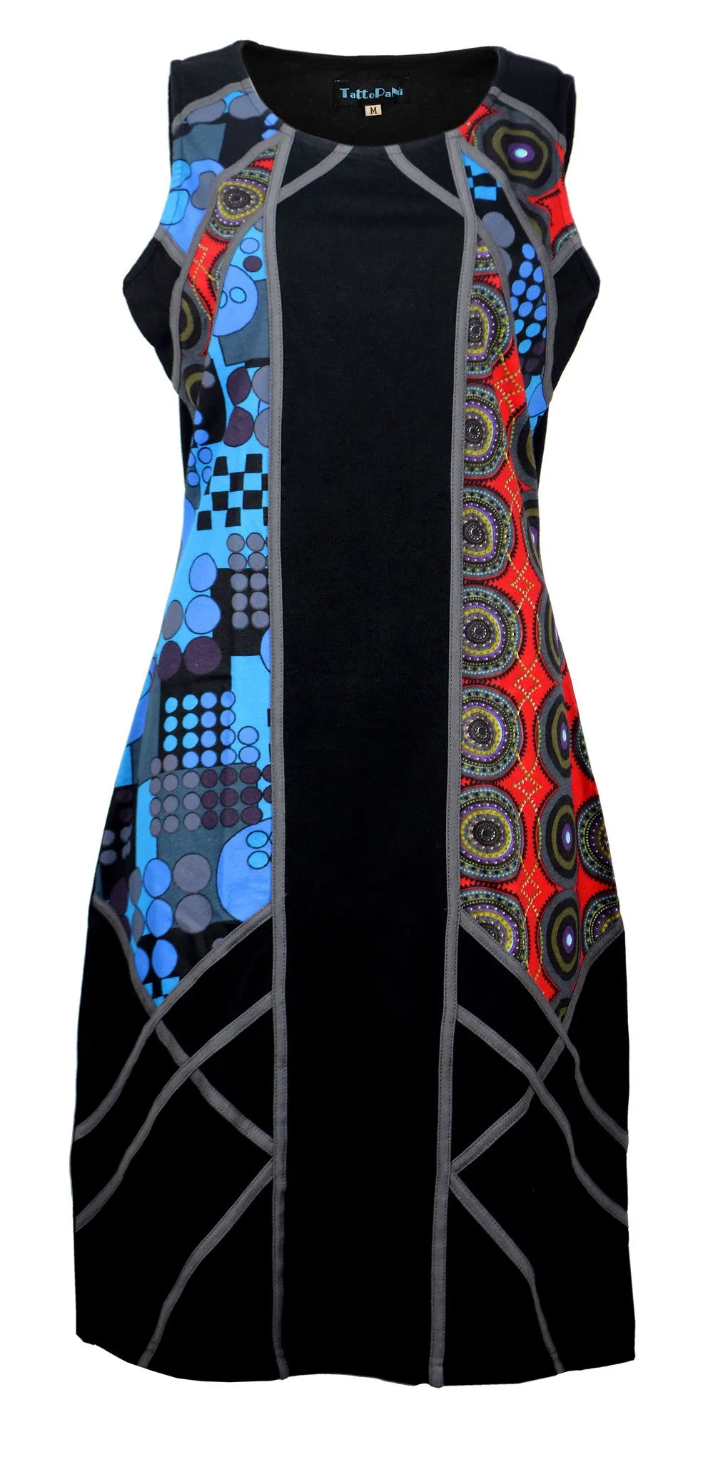 womens-sleeveless-evening-dress-with-multicolored-pattern-and-patch