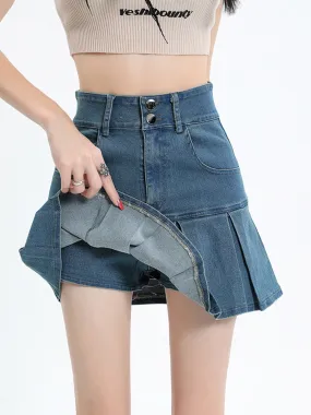 Zoki Sexy Pleated Women High Waist Denim Skirt Fashion Pockets A Line Skirts Summer Harajuku High Quality Vintage Skirt